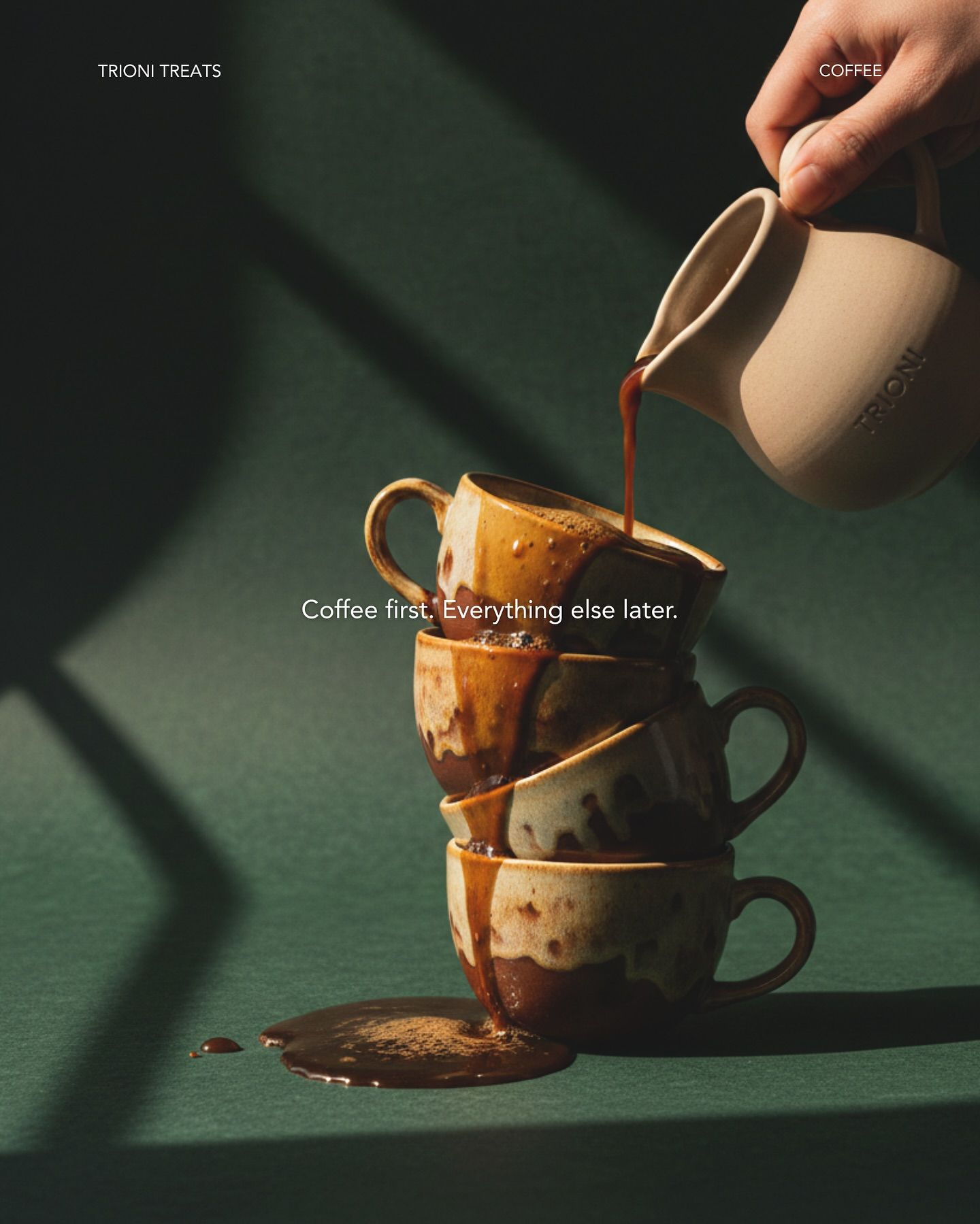 Instagram post: Hand pouring coffee over a stack of overflowing glazed ceramic cups