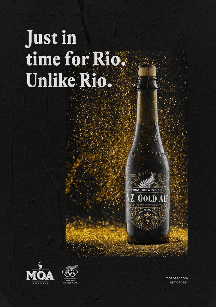 Creative ad: Dark ale bottle showered in falling gold glitter