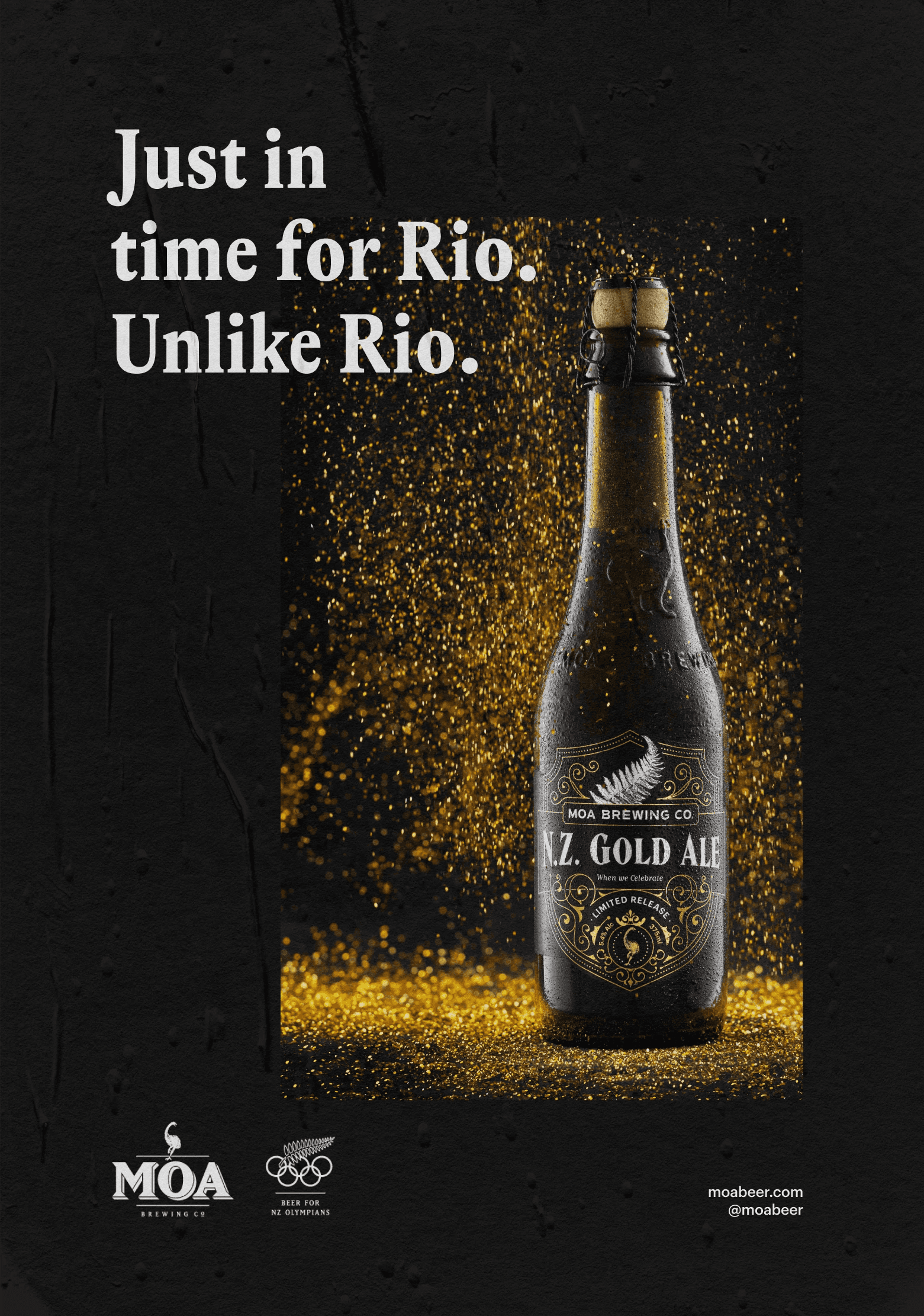 Poster: Dark ale bottle showered in falling gold glitter