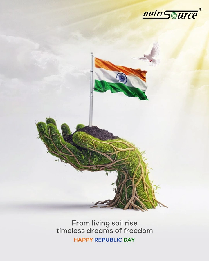 Wellness & Ayurveda creative ad: Moss-and-root hand holding soil with Indian flag