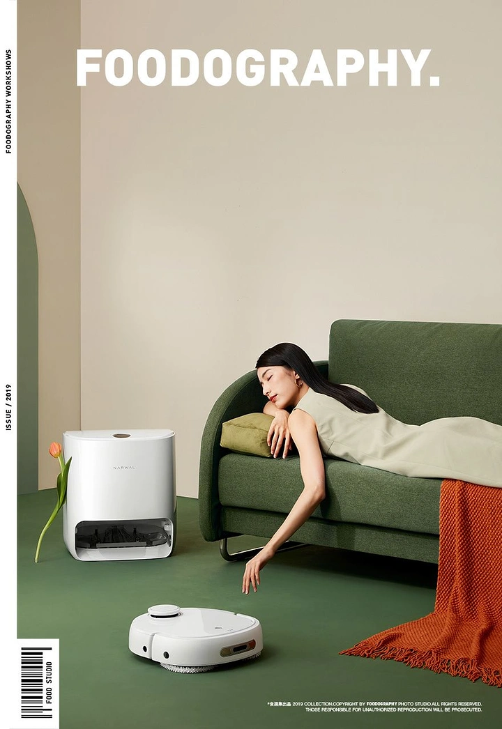 Home Appliances creative ad: Editorial magazine cover, lounging while robot cleans