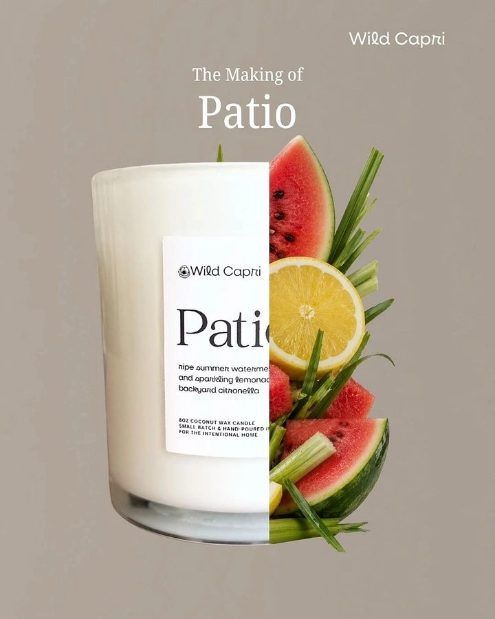 Candles & Home Fragrance creative ad: Candle jar split vertically, half turned into its scent ingredients