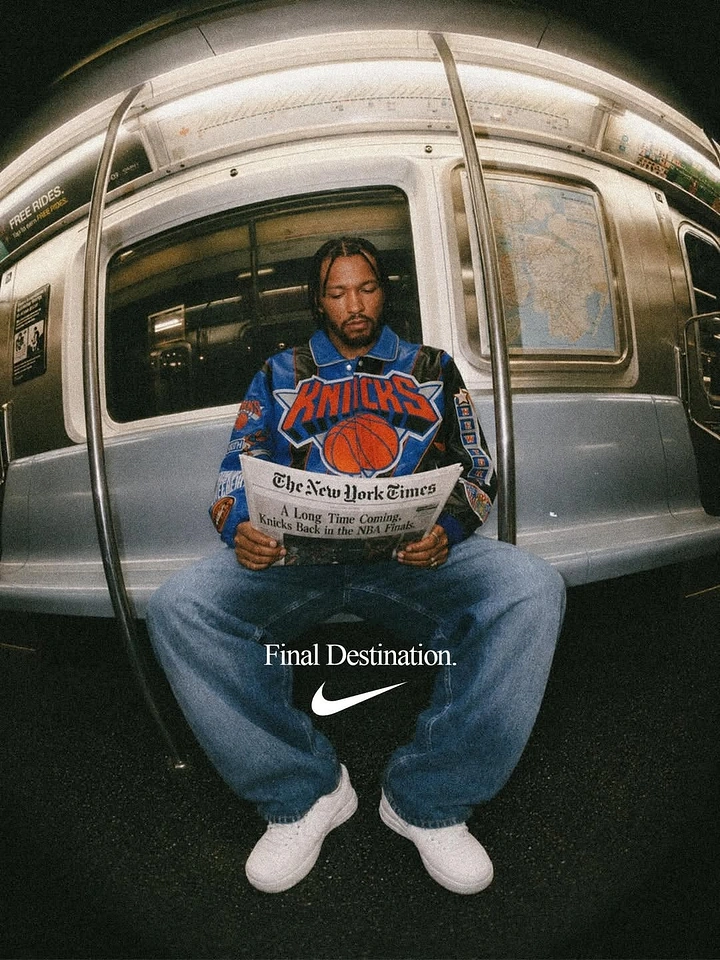 Streetwear creative ad: Knicks fan reading newspaper on NYC subway seat