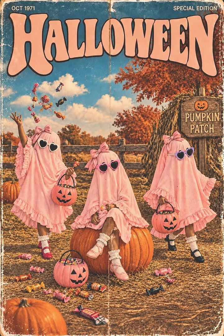 Halloween creative ad: Three kids in pink ghost costumes at pumpkin patch