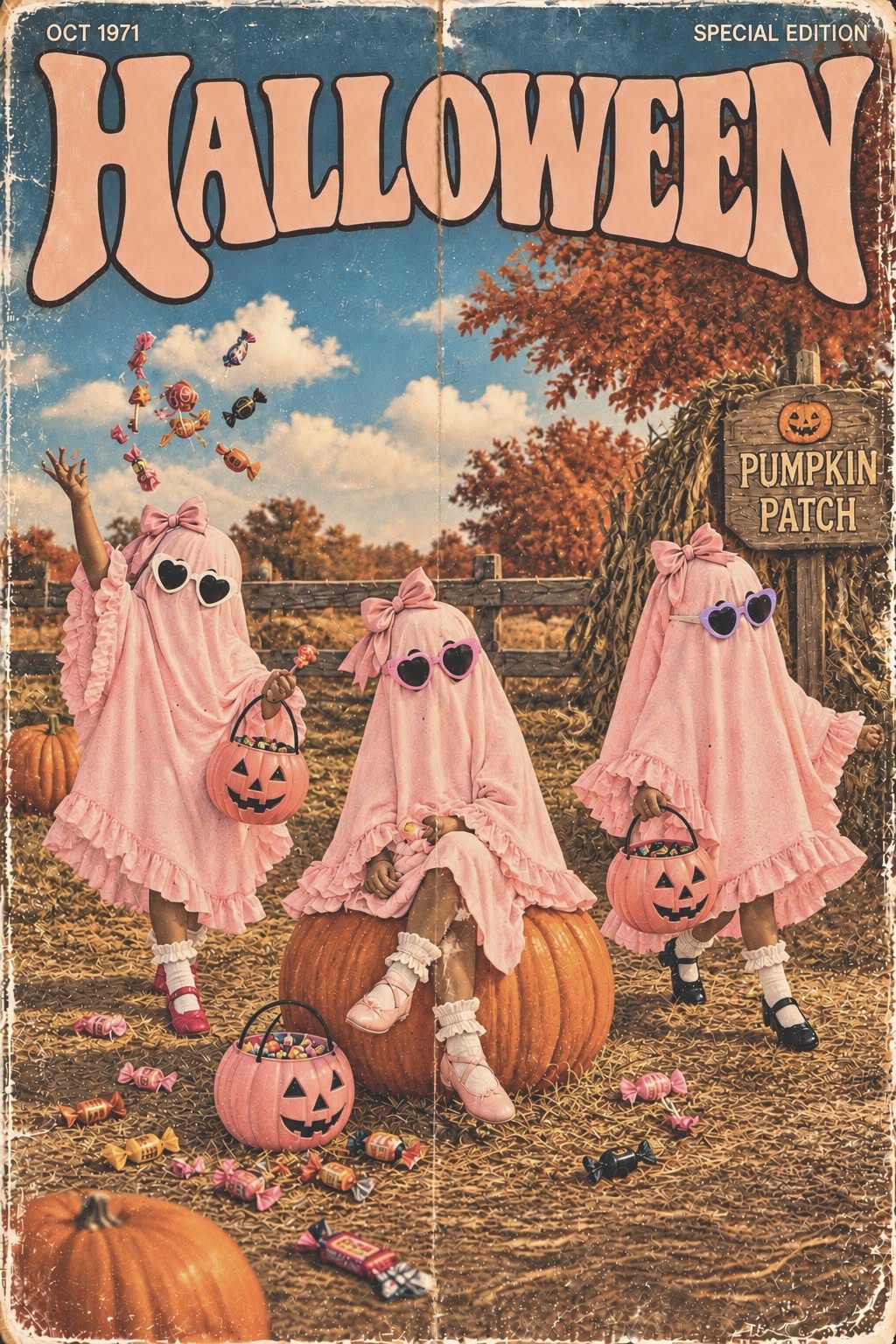 Three kids in pink ghost costumes at pumpkin patch