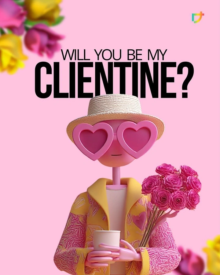 Valentine's Day creative ad: 3D pink character with heart glasses holding roses