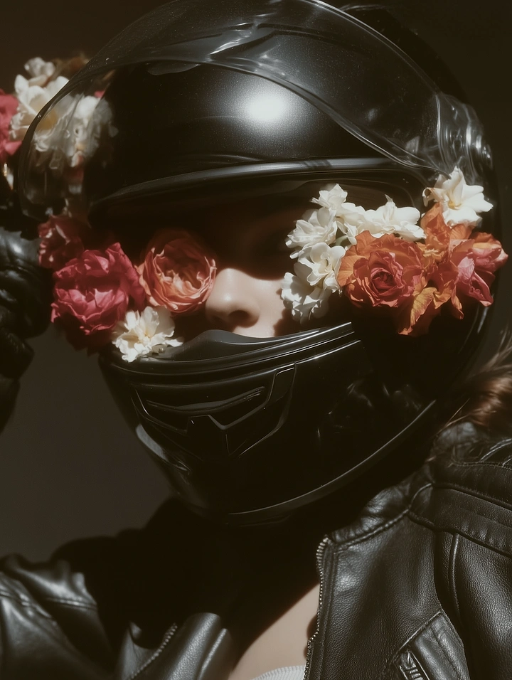 Helmets & Riding Gear creative ad: Helmet portrait merged with floral styling