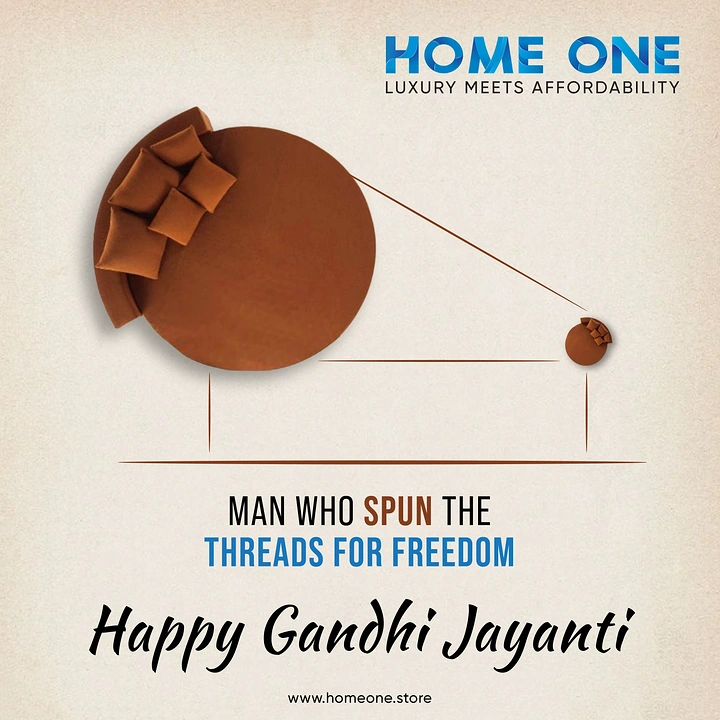Gandhi Jayanti creative ad: Top-down round sofas arranged as a charkha spinning wheel