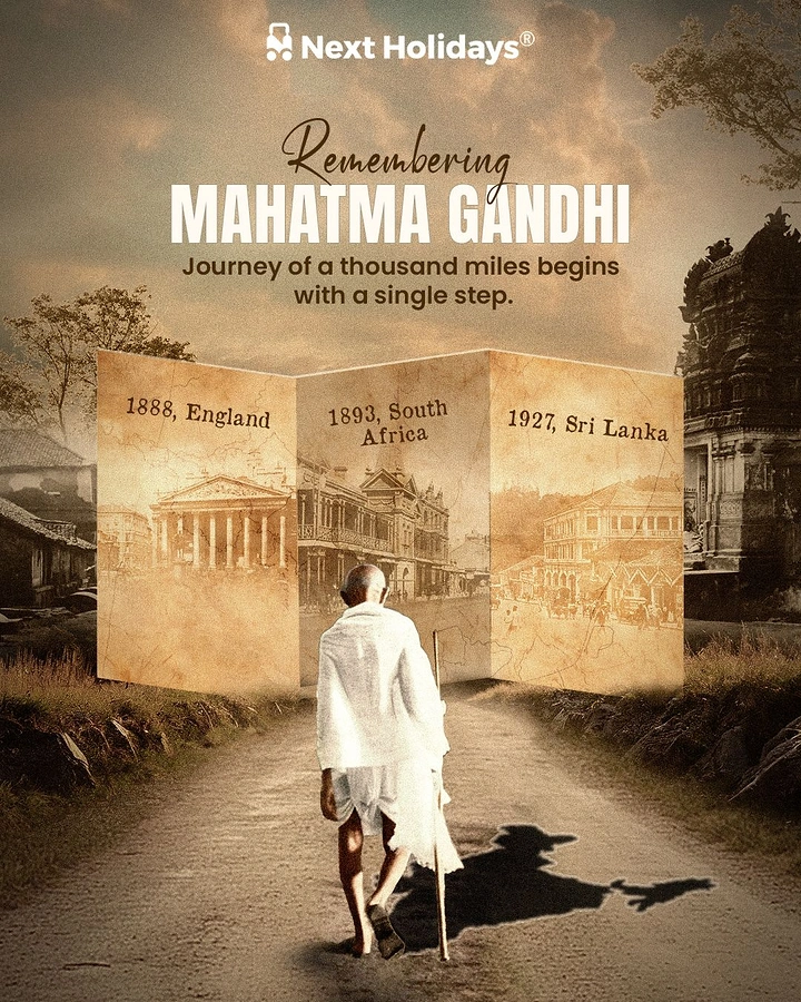 Gandhi Jayanti creative ad: Figure in white shawl with walking stick on a dirt road facing a sepia triptych of historic places