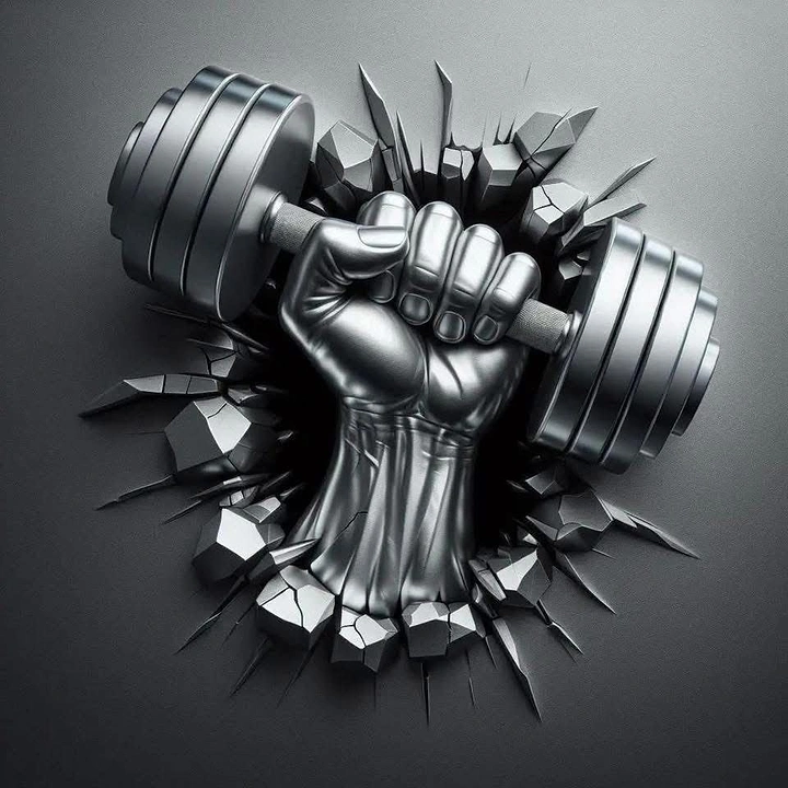 Fitness Equipment Stores creative ad: Dumbbell fist breaks through wall