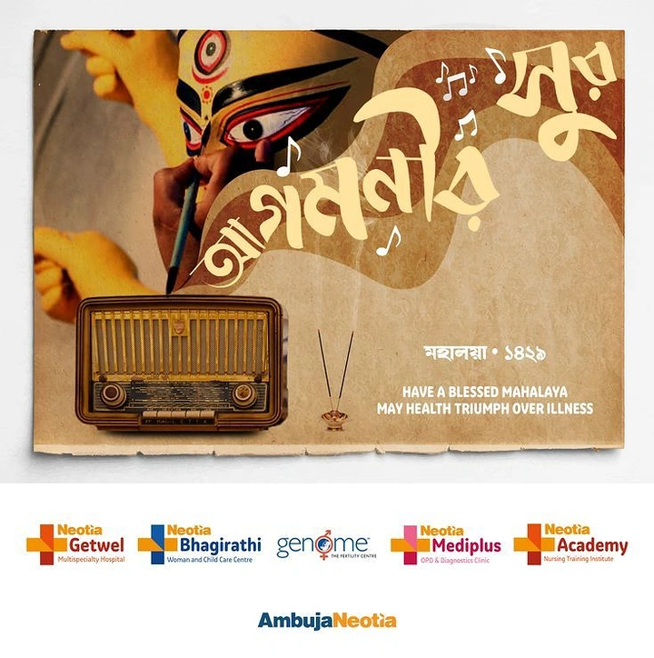 Durga Puja creative ad: Artisan painting Durga's eye beside a vintage radio