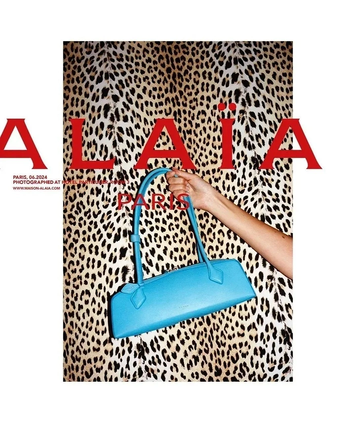 Creative ad: Hand holding a turquoise baguette bag against a leopard-print wall