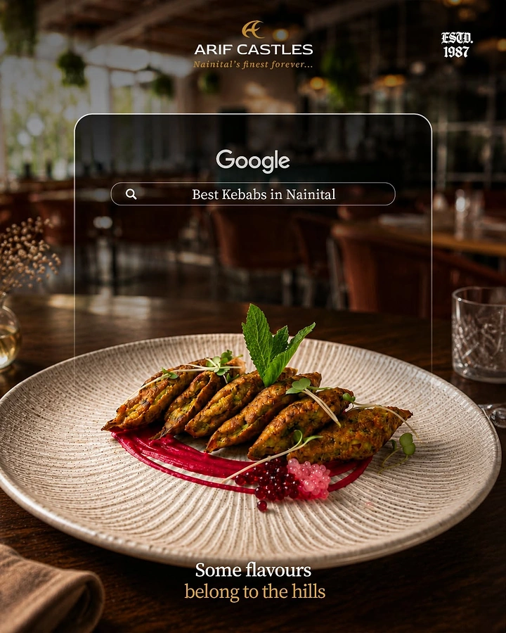 Creative ad: Fine-dining plate of seekh kebabs under a search-engine glass panel