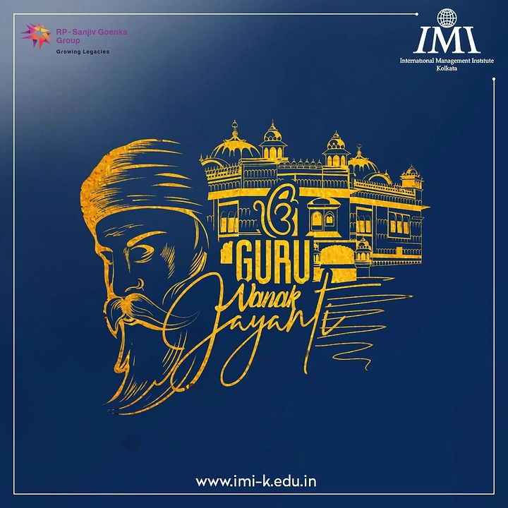 Guru Nanak Jayanti creative ad: Gold-foil line sketch of Guru Nanak beside the Golden Temple