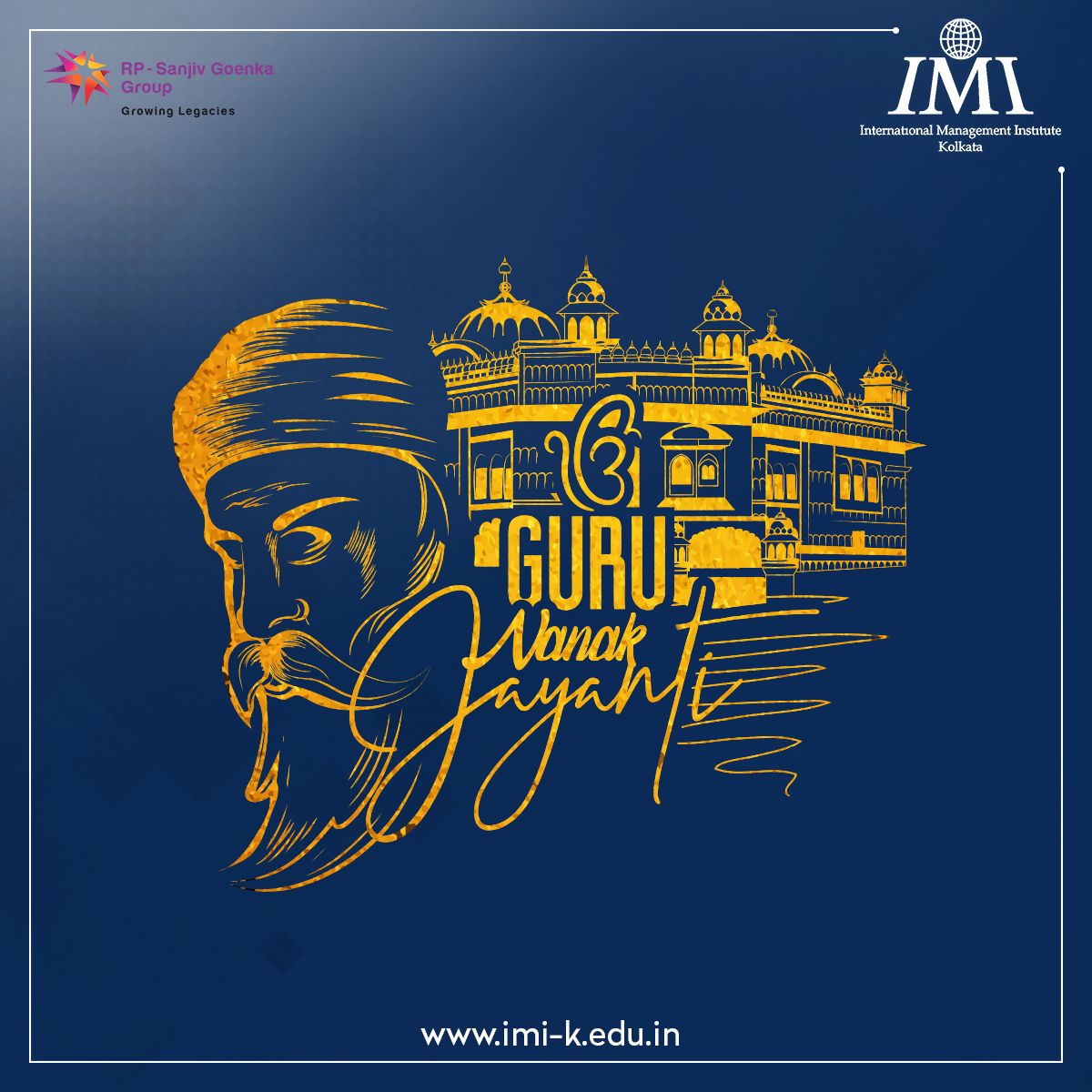 Gold-foil line sketch of Guru Nanak beside the Golden Temple