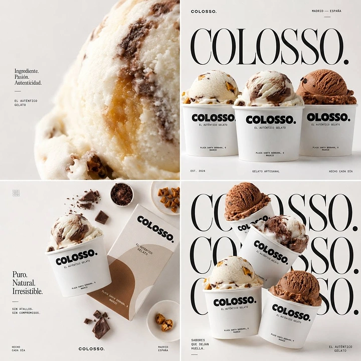 Ice Cream & Gelato creative ad: Artisanal gelato scoops in white branded cups, four-panel brand grid