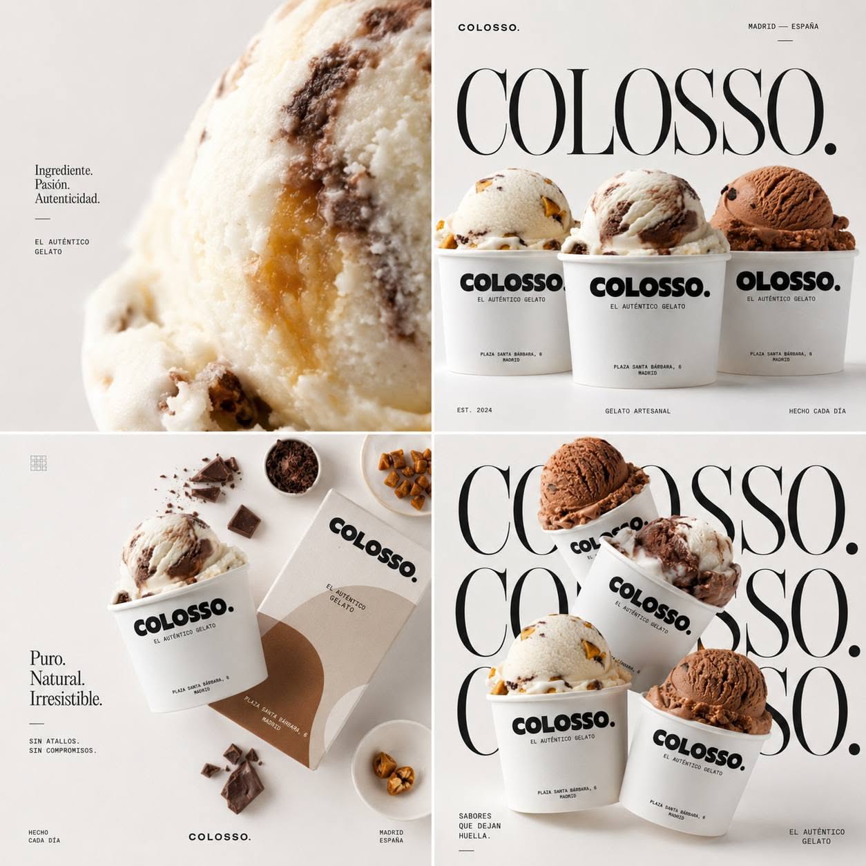Instagram post: Artisanal gelato scoops in white branded cups, four-panel brand grid