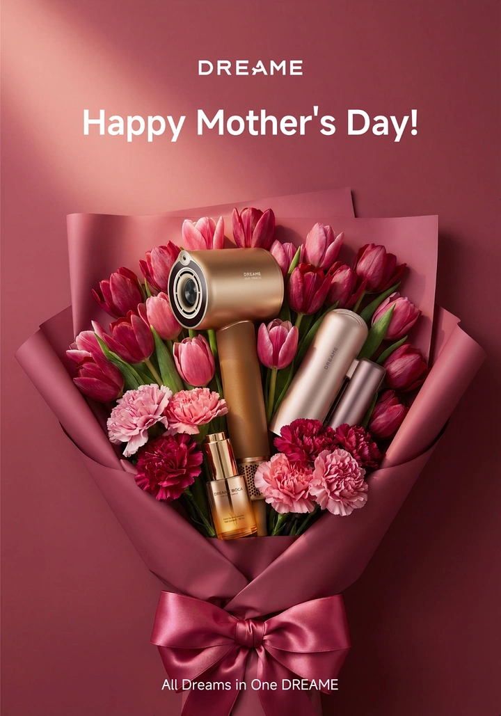 Mother's Day creative ad: Wrapped bouquet of tulips and carnations with a hair dryer, styler and serum tucked inside