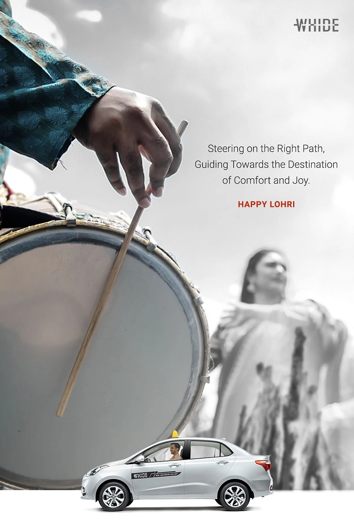 Lohri creative ad: Close-up of a hand playing a dhol with a small cab car at the base