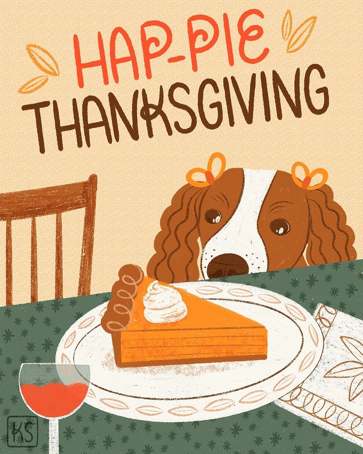 Thanksgiving creative ad: Spaniel peeking over table at pumpkin pie slice
