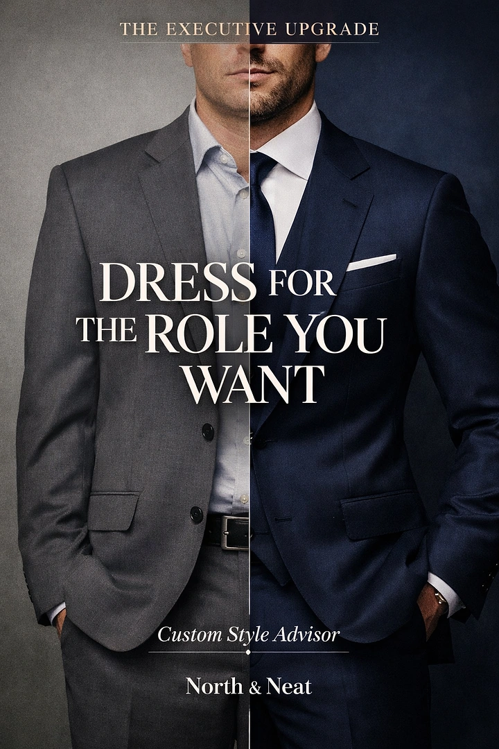 Fashion creative ad: Split portrait comparing a casual suit with a polished executive suit