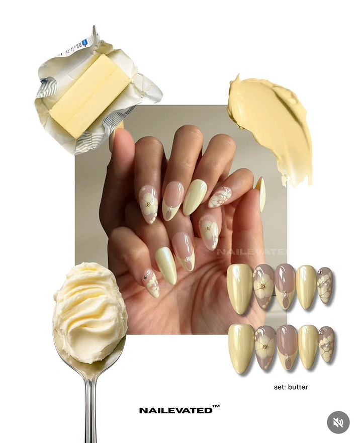 Nail Salons creative ad: Butter-yellow manicured hand surrounded by butter cut-outs