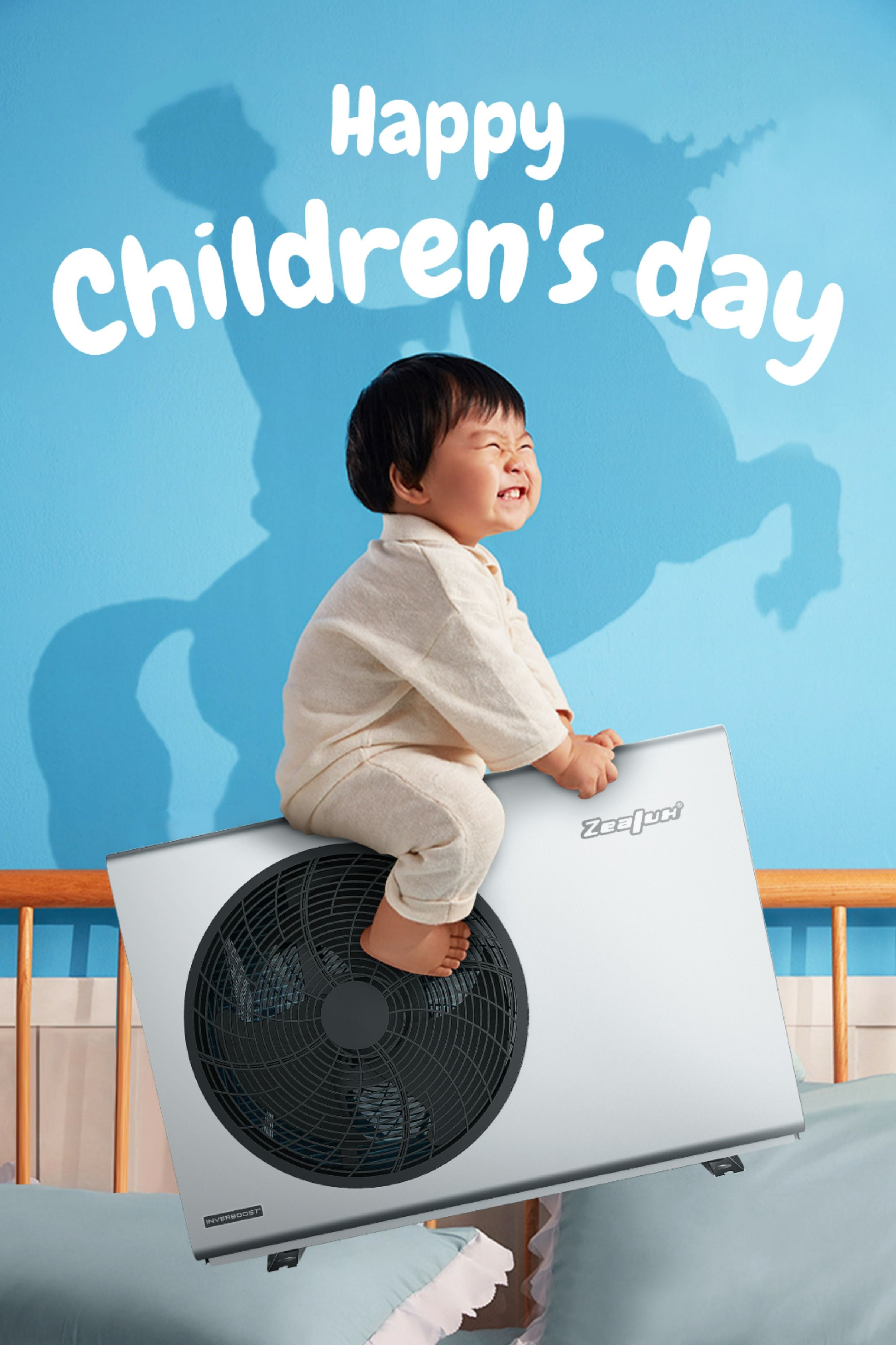 Laughing toddler riding a heat pump unit that casts a rearing-horse shadow