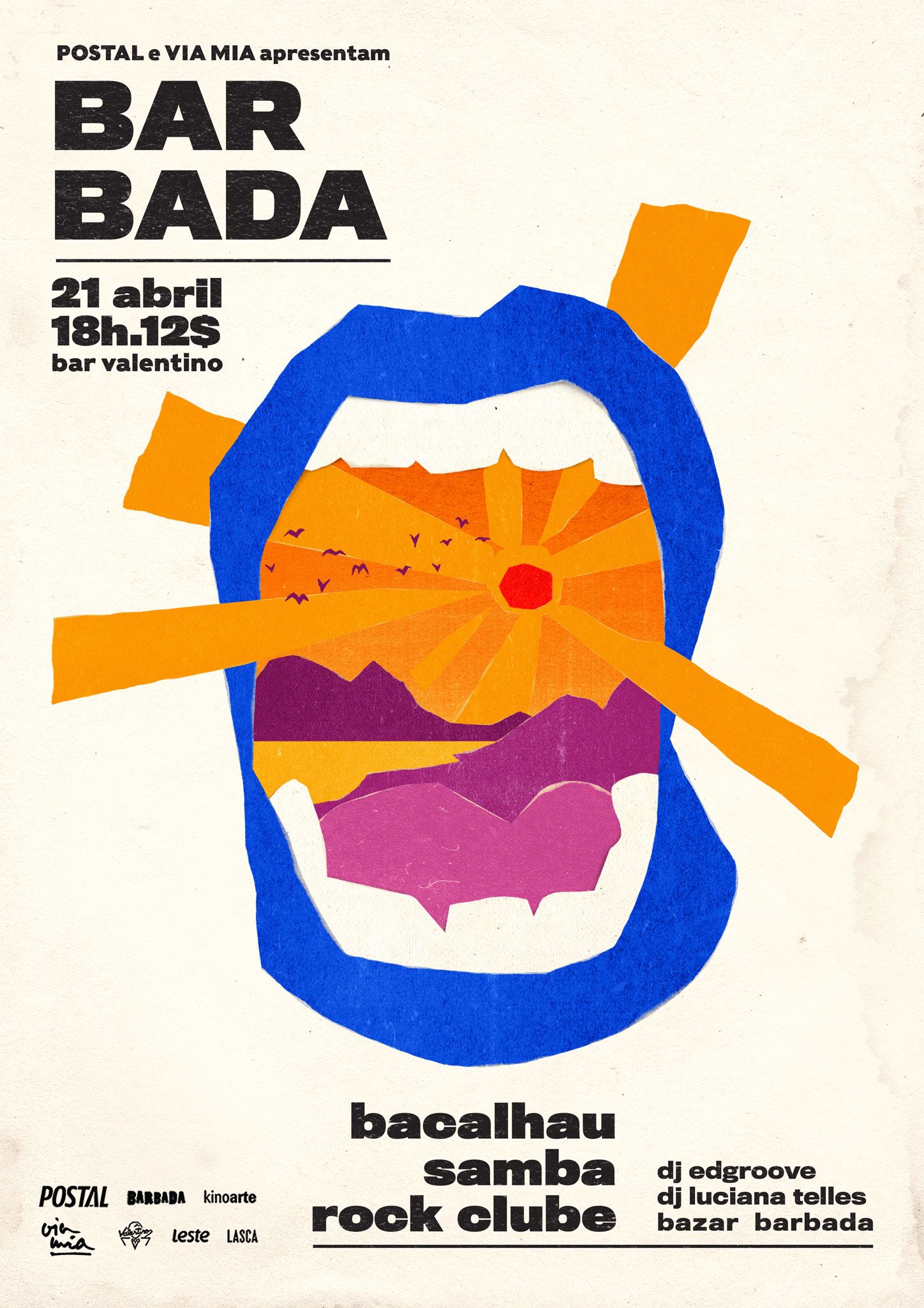 Poster: Cut-paper shouting mouth framing a sunset landscape