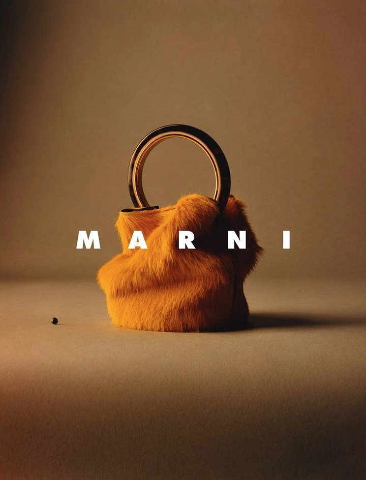 Creative ad: Orange fur bucket bag with tortoiseshell ring handle