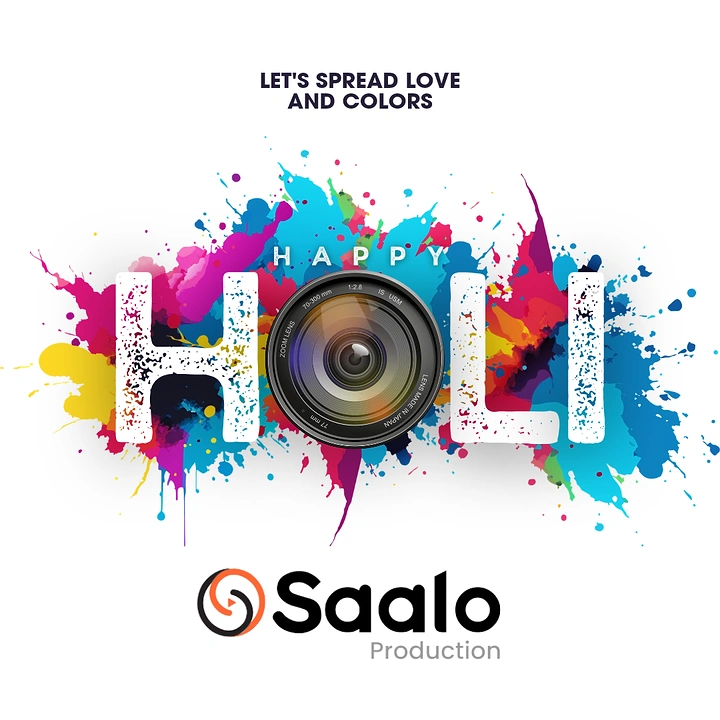 Holi creative ad: Giant HOLI lettering with a camera lens as the O over a paint splash