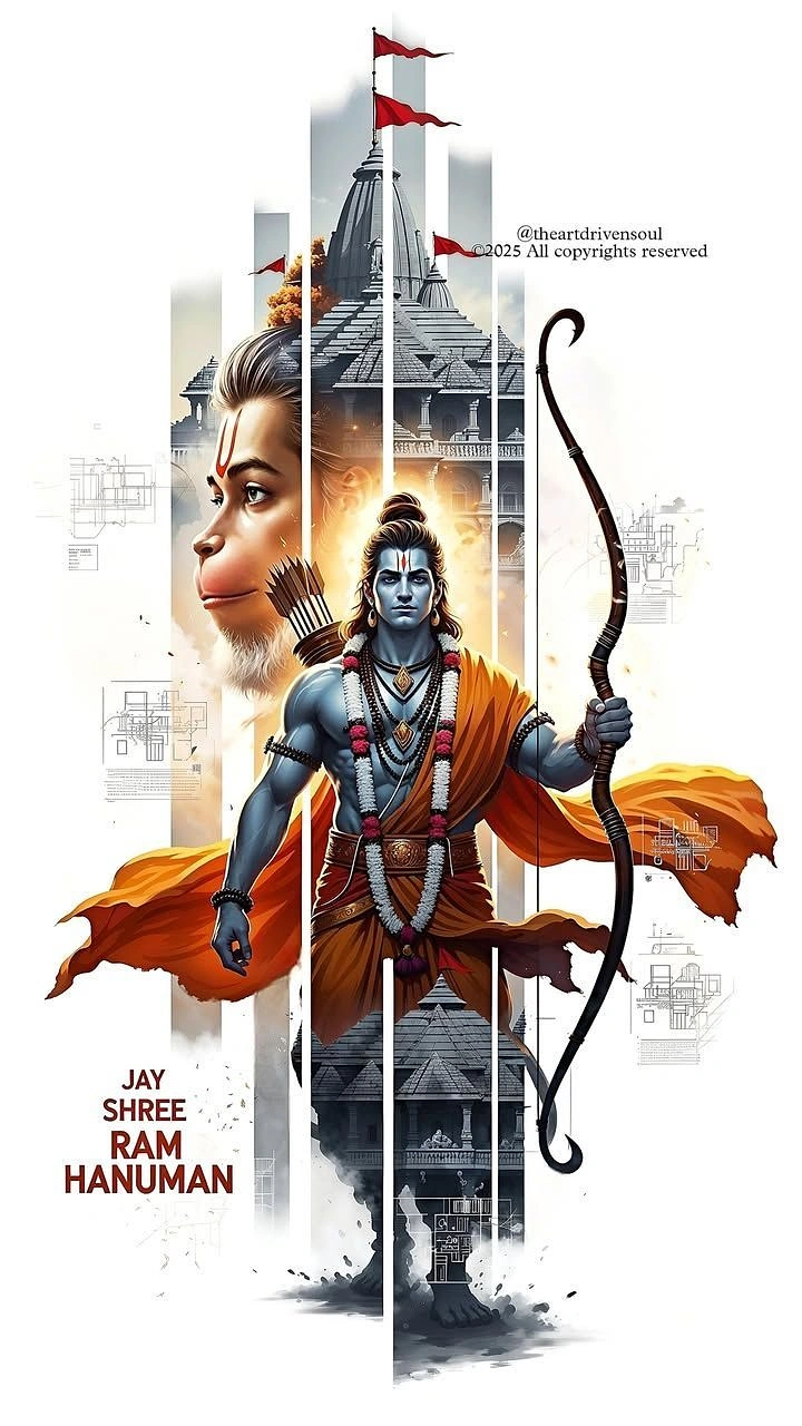 Ram Navami creative ad: Lord Ram with bow, Hanuman profile and temple