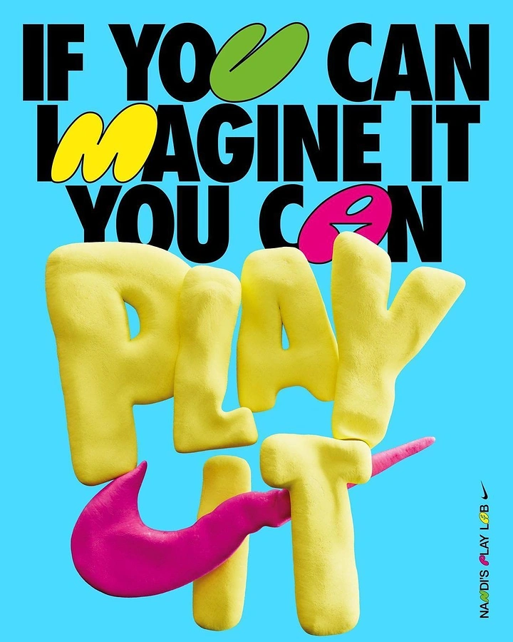 Activewear & Gym Wear creative ad: Soft yellow clay 3D letters spelling PLAY IT with a pink clay swoosh