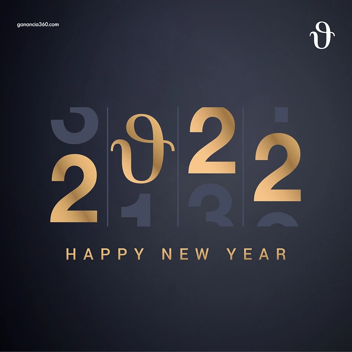 New Year creative ad: Slot-machine style rolling year digits in gold, with a logo glyph as one digit