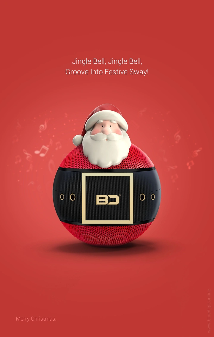 Christmas creative ad: Round red speaker shaped like Santa with belt-buckle logo