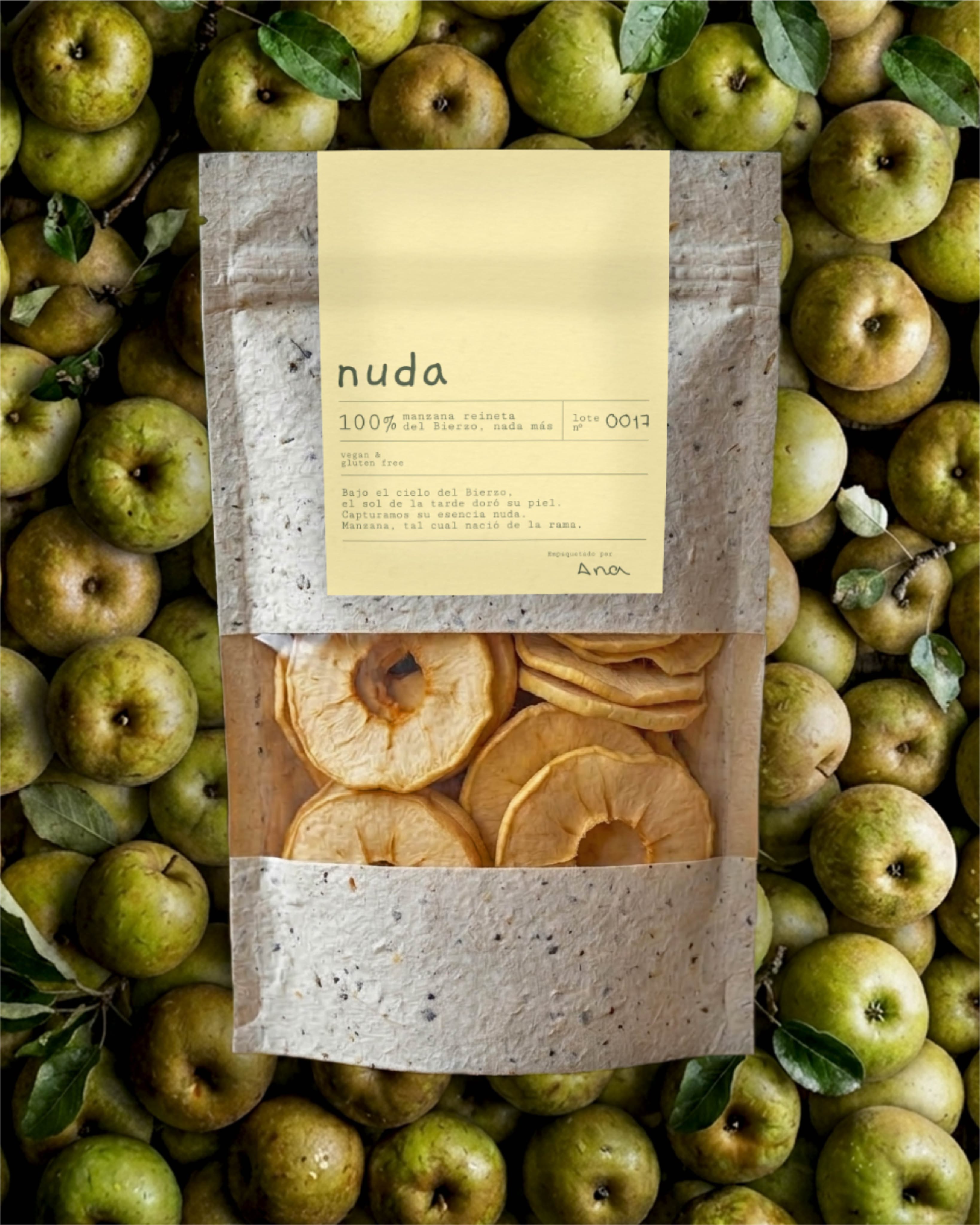 Instagram post: Kraft stand-up pouch of dried apple rings on a bed of green apples
