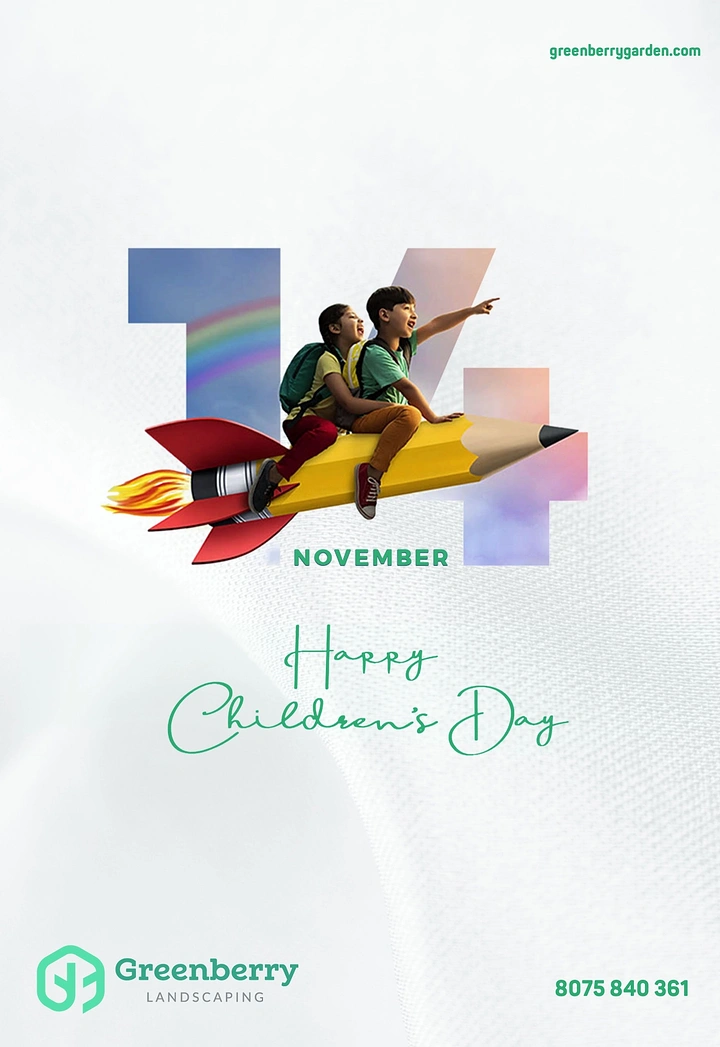 Children's Day creative ad: Two kids riding a pencil-rocket through a giant sky-filled 14