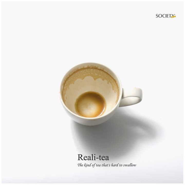 Instagram post: 'Reali-tea' empty cup pun, minimal