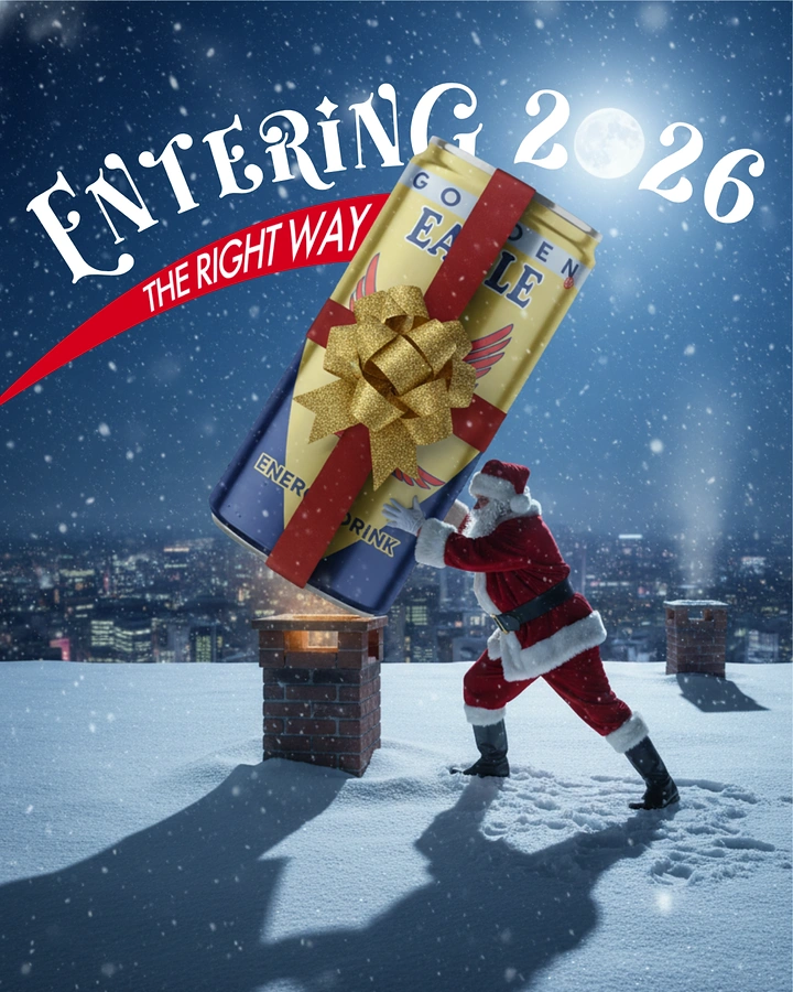 New Year creative ad: Santa pushing a giant ribbon-wrapped energy drink can down a chimney