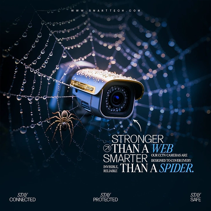 CCTV & Security Systems creative ad: Bullet CCTV camera caught in a dewy spider web
