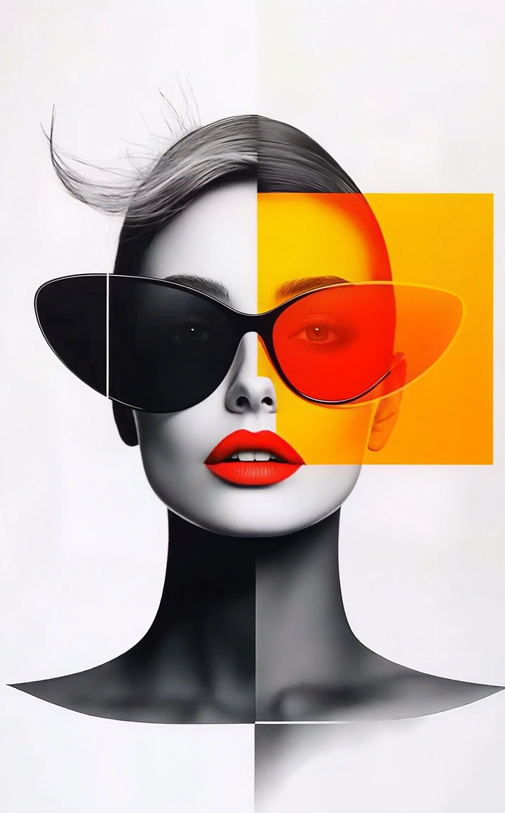 Sunglasses Brands creative ad: Split-color face and glasses composition