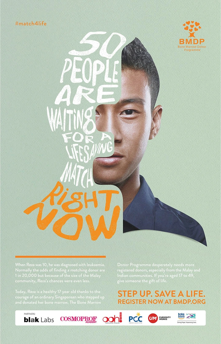 Creative ad: Young man's face half-replaced by a hand-lettered profile silhouette