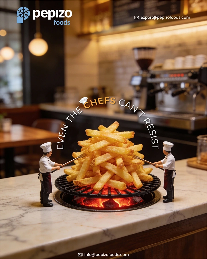 Frozen Foods & Ready-to-Cook creative ad: Miniature chefs grilling a giant pile of french fries on a counter