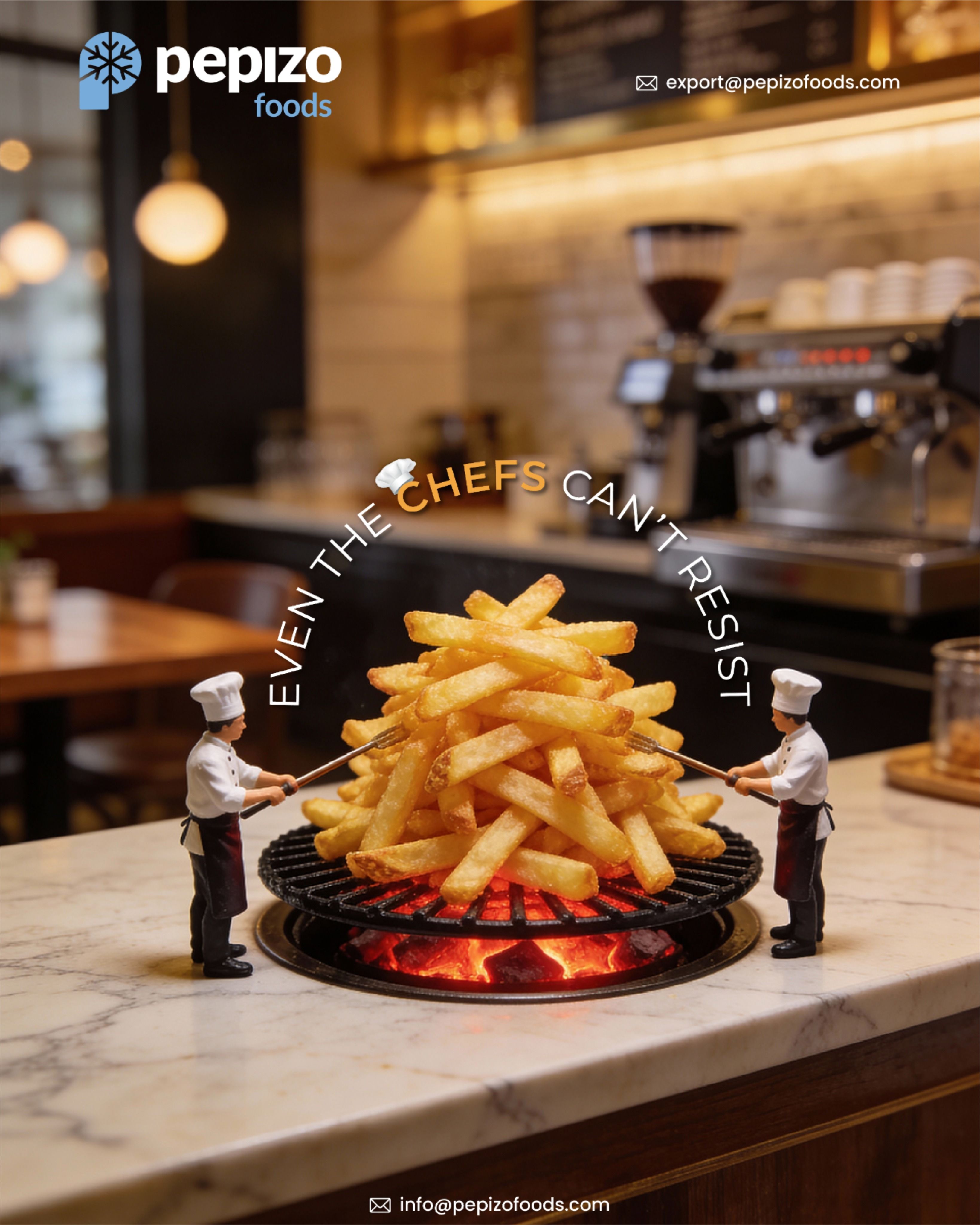 Instagram post: Miniature chefs grilling a giant pile of french fries on a counter