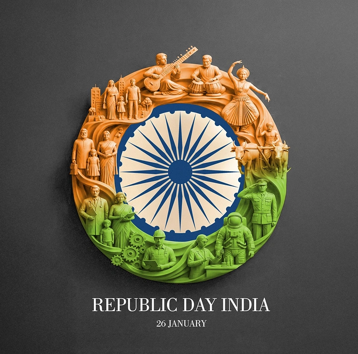 Republic Day creative ad: Circular tricolour relief sculpture of Indian citizens around the Ashoka Chakra
