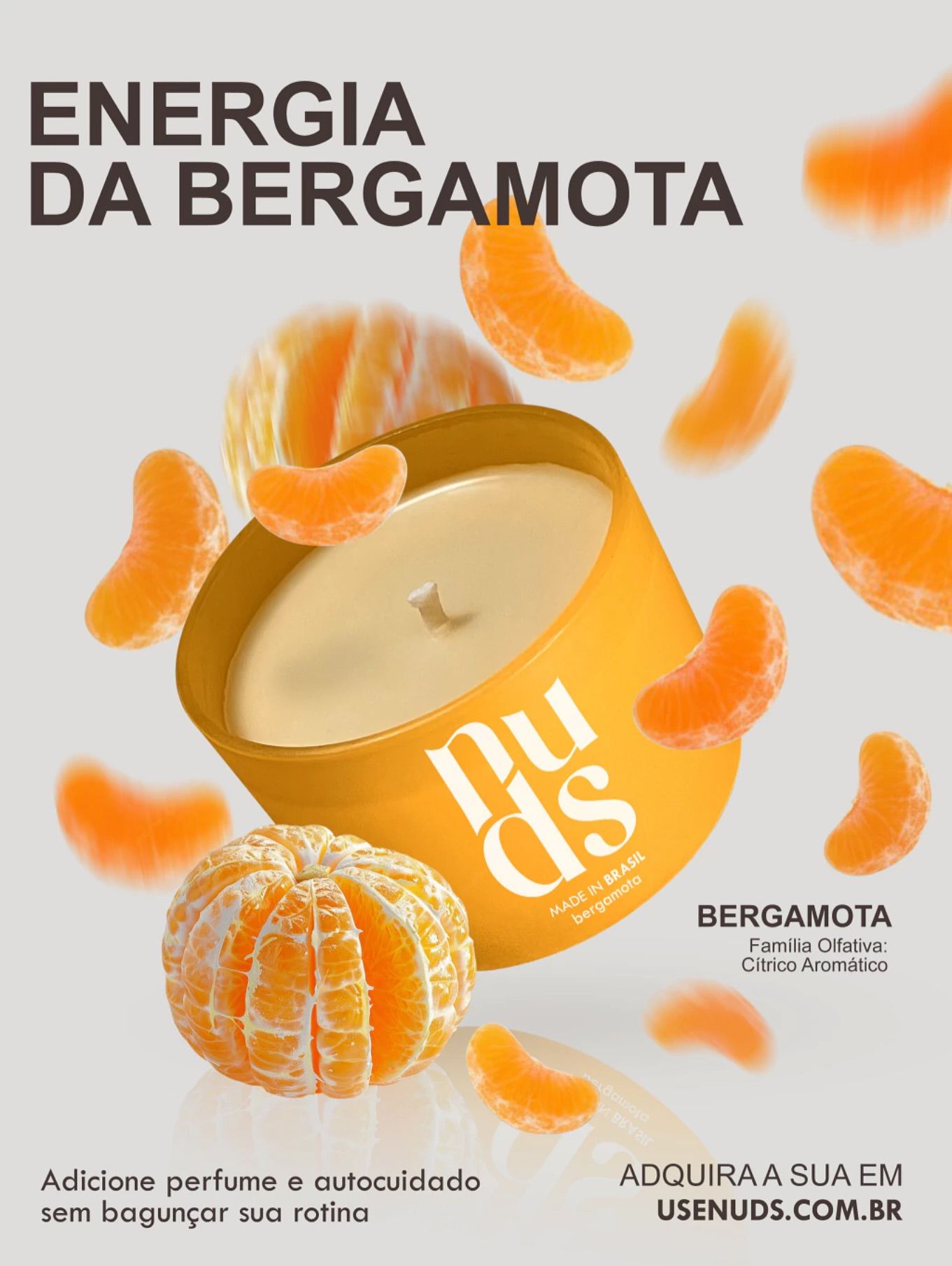Instagram post: Tilted orange candle tin surrounded by floating tangerine segments