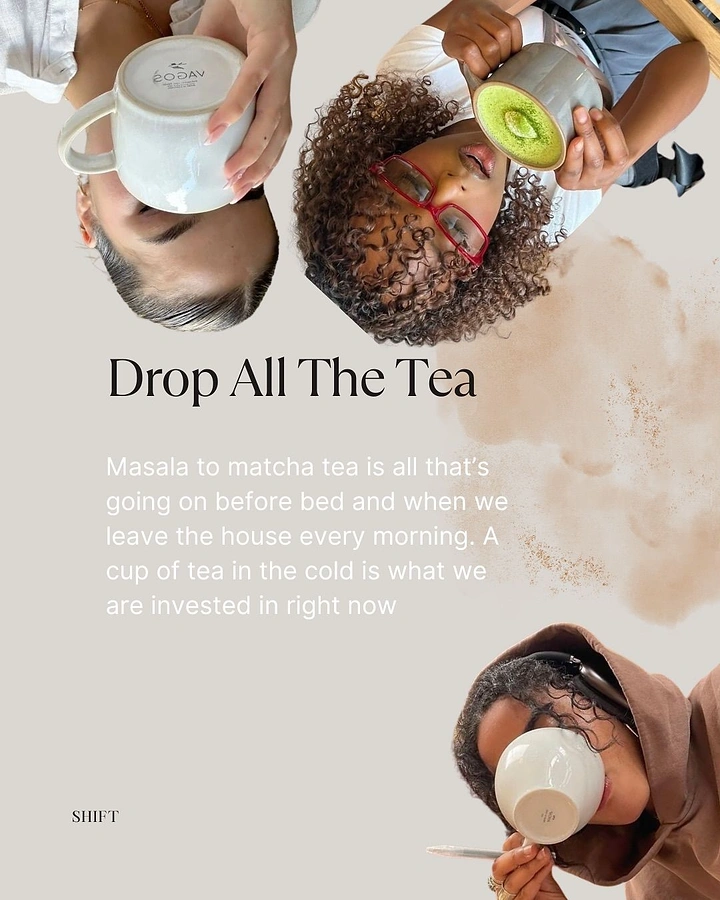 Tea & Chai Brands creative ad: Drop All The Tea pun, bold cutouts