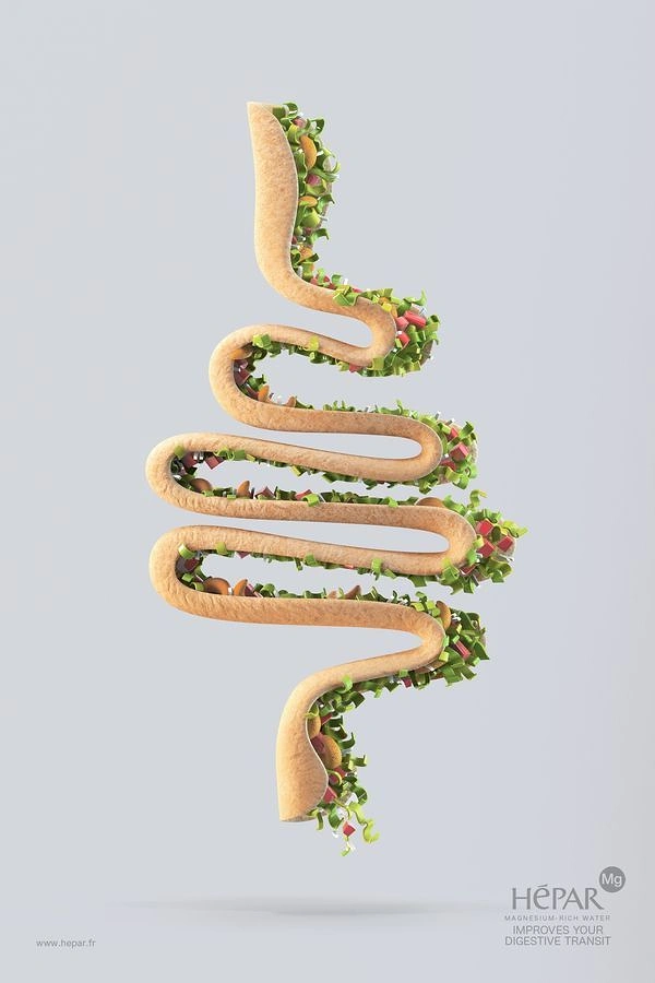 Soft Drinks & Beverages creative ad: 3D intestine shaped from bread crust filled with salad