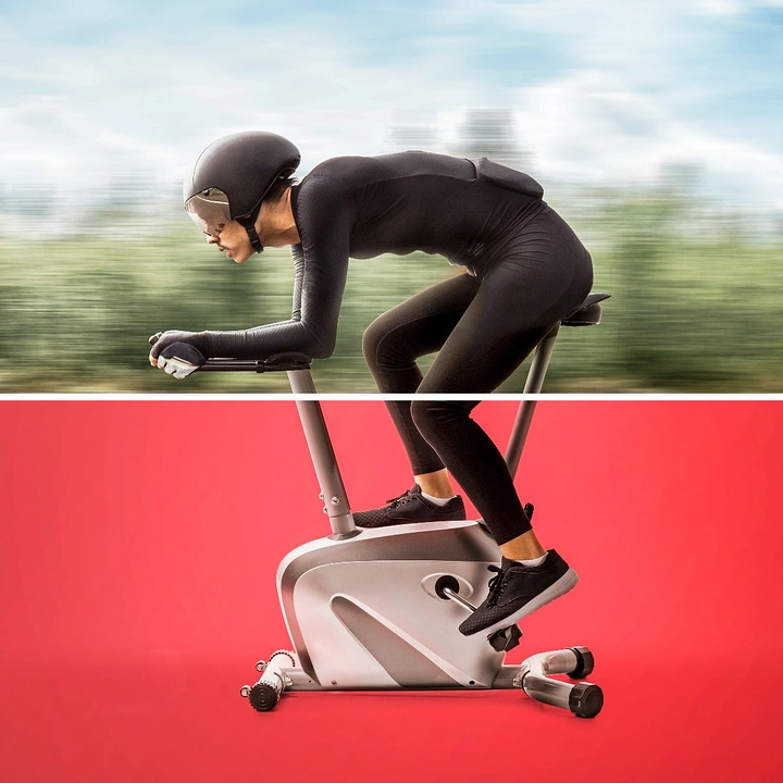 Sports Goods Stores creative ad: Time-trial cyclist whose lower half pedals a stationary exercise bike
