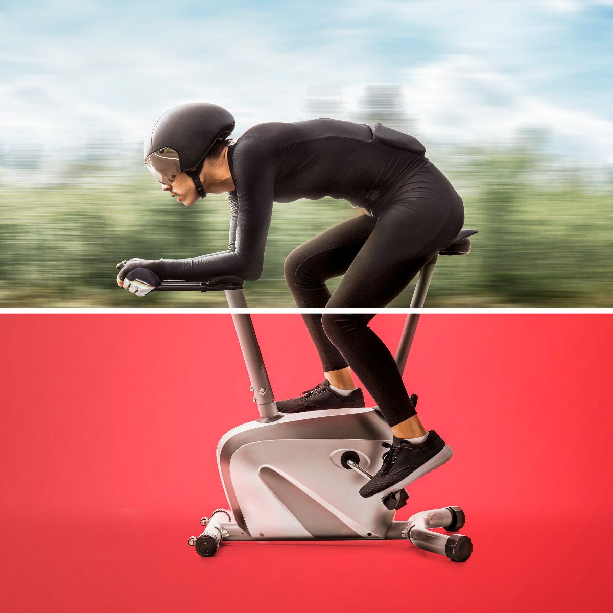 Instagram post: Time-trial cyclist whose lower half pedals a stationary exercise bike