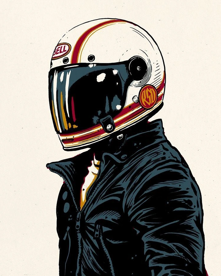 Helmets & Riding Gear creative ad: Vintage illustrated rider portrait concept